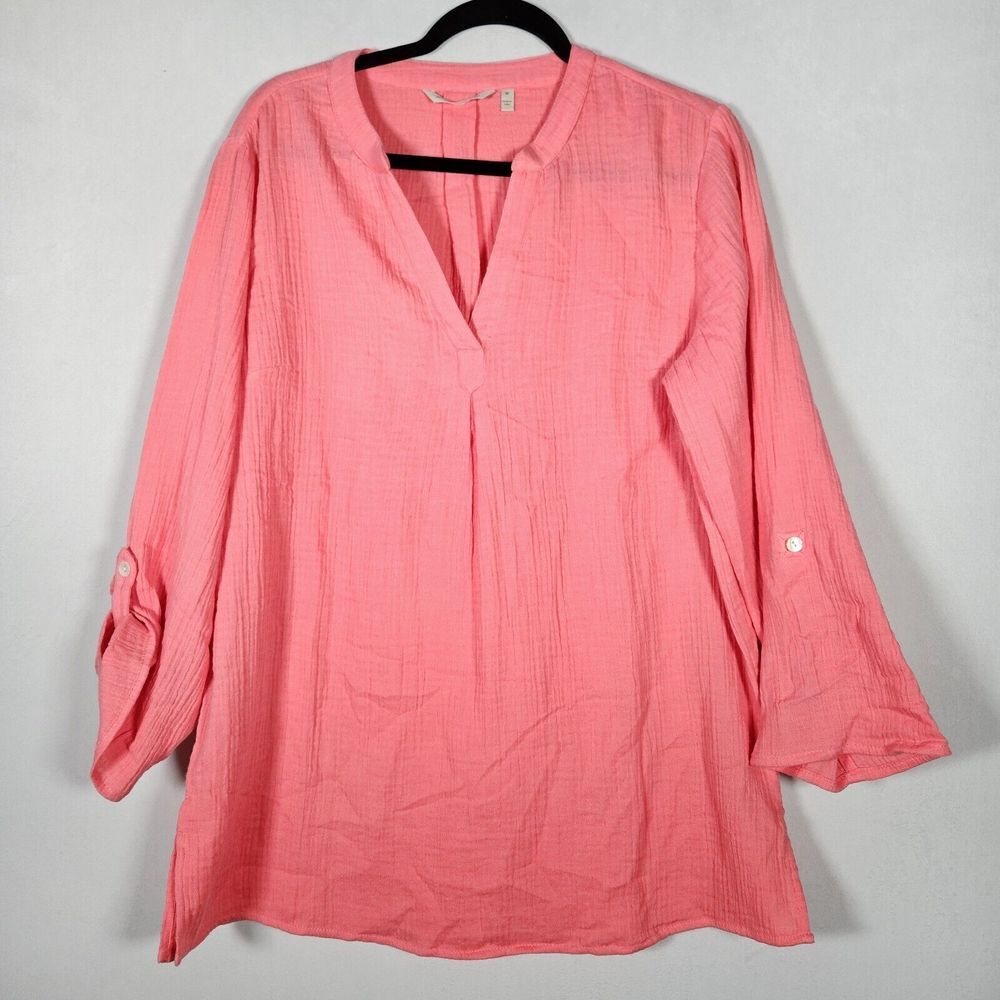Soft Surroundings M Coral Peach Long Rolls Sleeve Slit Neck Cotton Lagenlook‎